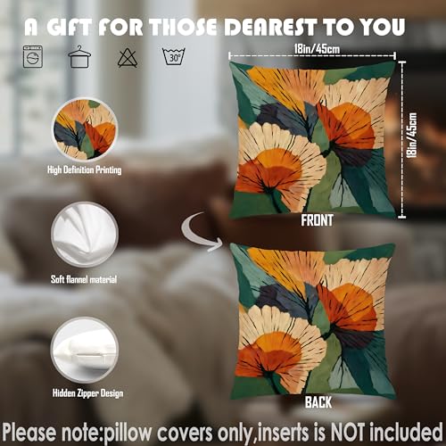 Abstract Botanical Art Floral Pillow Covers 18x18, Mid Century Modern Terracotta and Orange Flower Decorative Throw Pillow Covers Pillowcases for Living Room Home Bedroom Set of 2 - color: Green & Orange 3, size: 18" x 18" (Pack of 1)