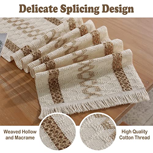 Boho Burlap Macrame Table Runner, Farmhouse Style Cotton Linen Rustic Woven Table Runner with Tassels for Dining, Wedding, Bridal Shower, Bohemian (12x72 inch, Coffee Lines) - color: Coffee Lines, size: 12x72 inch