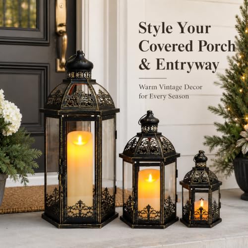 TRIROCKS Set of 3 Black & Gold Metal Candle Lanterns, 19/13.5/9.5 in Decorative Hanging Lantern Candle Holders with Tempered Glass forPorch, Patio, Wedding & Home Decor(Black with Gold Brush) - color: 19''&13.5''&9.5" H Black