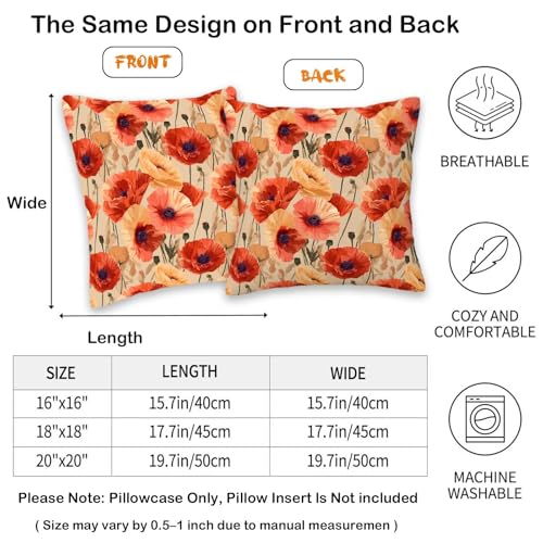 Orange Poppy Floral Throw Pillow Covers 18x18 Set of 2, Peach Beige Botanical Decorative Cushion Covers, Cottage Garden Flower Pillow Cases for Couch Sofa Bedroom Living Room Home Decor - color: Red Poppy (Pack of 2)