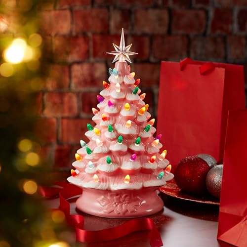Casafield Hand Painted Ceramic Christmas Tree, Pink Snow Flocked 15-Inch Pre-Lit Tree with 128 Multi Color Lights and 2 Star Toppers - color: Pink Snow Flocked