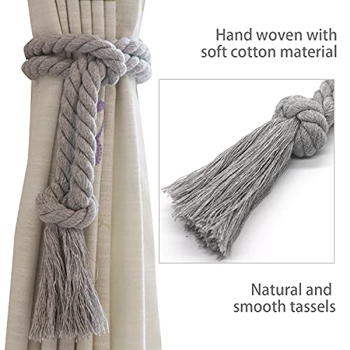 4 Pack Grey Outdoor Curtain tiebacks, Natural Cotton Rope Tieback Decorative Holdbacks Farmhouse Rural Village Style Tassel Drapery Ties - color: Grey Rope-l 4 Pack