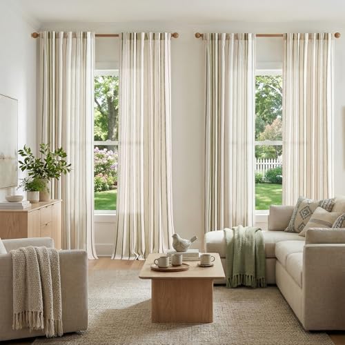 jinchan Light Filtering Striped Linen Curtains 96 Inches Long 2 Panels - color: Green, size: 50"W x 96"L (Pack of 2)