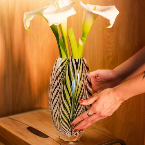 Murano Style Glass Vase Hand Blown Black and White Feather Pattern Effect - color: Black and White