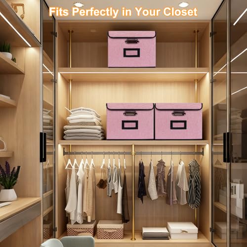 Large Square Storage Bin with Lid, Foldable Organizer Box with Handles & Label Design, for Office, Closet, Home, Documents, Pink, 12.20 x 10.63 x 10.63 Inches, 4 Pack - color: Pink, style: Square - 4 Packs