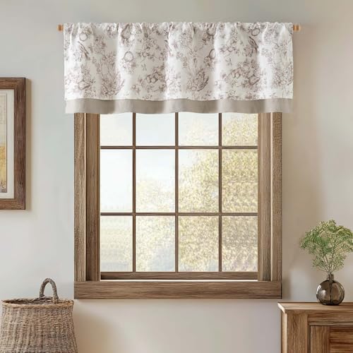 Vangao Linen Valance Curtain Double Layer Farmhouse Floral Small Window Curtain Light Filtering Valance for Kitchen Rustic Drape for Living Room Bedroom 16 Inch Rod Pocket 1 Panel Taupe on Beige - color: Double Layer | Eden Taupe, size: 50"W x 16"L (Pack