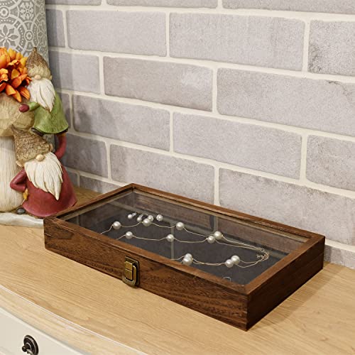 MOOCA Wood Jewelry Display Case with Tempered Glass Top, Black Velvet Pad - color: 9D) Brown, 2 pieces