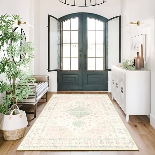 MUJOO 3x5 Rug Washable Boho Area Rugs Low Pile Non Slip Pink and Green - color: Pink and Green, size: 3' x 5' (Rectangular)
