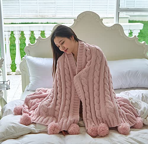 Chenille Chunky Knitted Throw Blanket with 14 pcs Pom Poms Tassel Super Soft Cozy Warm Blanket for Sofa Bed Soft Couch 50 x60 inches (Pink)?-¡ - color: Pom-pom-pink, size: Throw 50"X60"