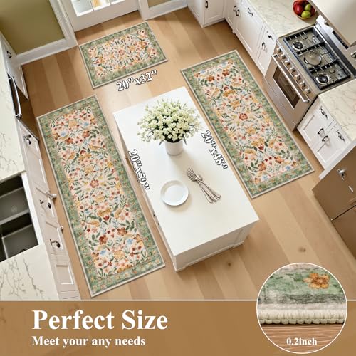 HEBE Boho Kitchen Rugs Set of 3, Non Slip Washable Kitchen Mats for Floor - color: Birds/Green, size: 20"x32"+20"x48"+20"x59"