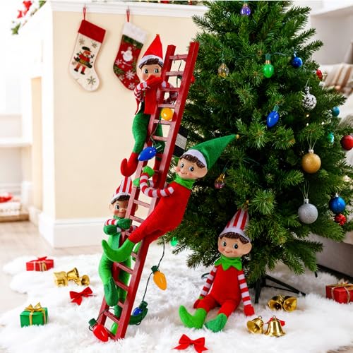 Elf Decorations on Red Ladder with Colorful Lights for Home Decor
