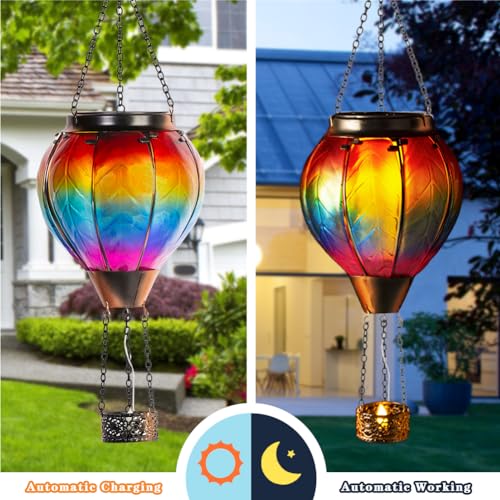 Starsoul Hot Air Balloon Solar Lantern with Candle Holder Flickering Flame Hanging Garden Light Waterproof Glass Solar Lanterns Outdoor Waterproof Decorative for Lawn Porch Tree Yard - color: A-Colorful