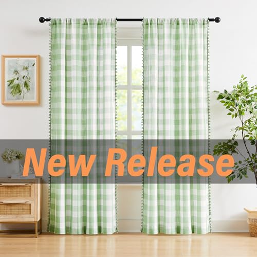 Plaid Kitchen Curtains 27x24 Green White Check Tiers for Kitchen Semi Sheer - color: Light Green and White, size: 24"W x 24"L (Pack of 2)