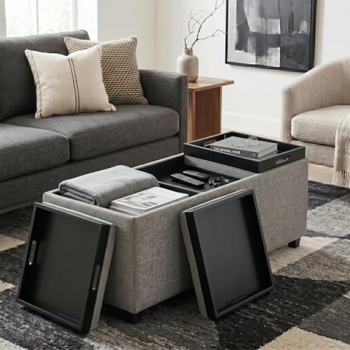 SIMPLIHOME Avalon 42" Wide Linen Look Fabric Storage Ottoman in Cloud Grey - color: Cloud Grey