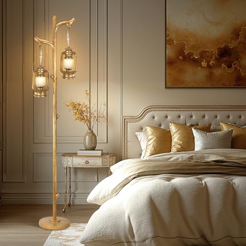 Scenekoy 68” Tall Gold Floor Lamp with Lanterns, Dimmable Brightness - color: Gold