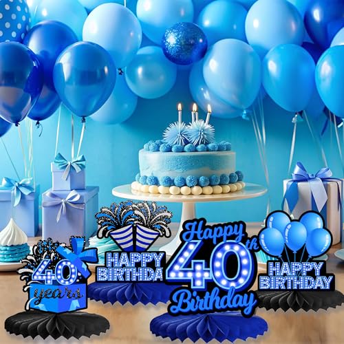 Happy 40th Birthday Honeycomb Centerpieces 9Pcs Stylish Sophisticated Blue Neon Theme Table Decor for Boys Girls Birthday Party Celebration Favors Decorations Photo Props Supplies - BECKTEN - color: 40