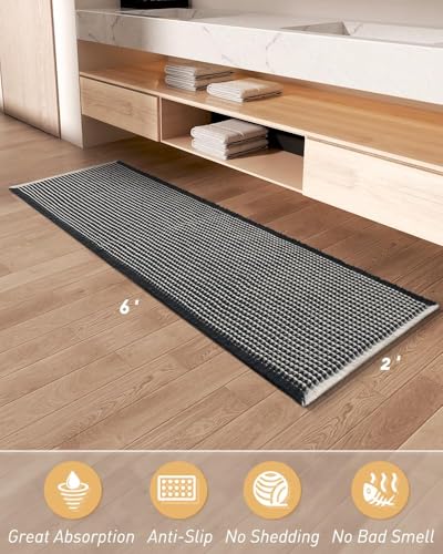 Upgraded Waffle Bath Mat Runner Absorbent Non Slip Bathroom Mat, 2' x 6' - color: Black & Cream, size: 2' x 6'