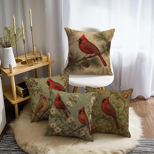 Cardinal Throw Pillow Covers 18x18 Set of 4 | Vintage Floral Decorative Cushion Covers | Traditional Bird Pillowcases for Couch Sofa Bed Living Room Home Decor - color: Red Cardinal (Pack of 4)