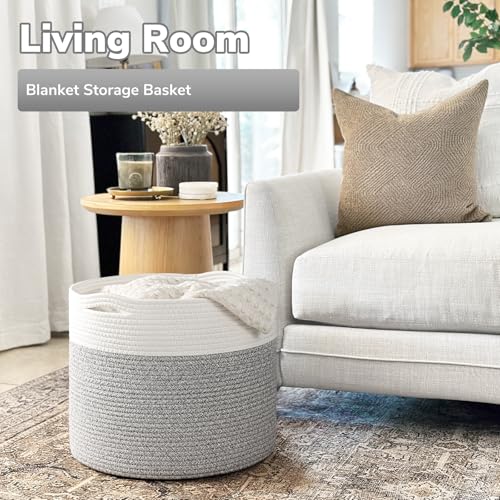Goodpick Woven Blanket Basket Living Room, Toy Bin for Playroom, 45L - color: Light Grey, size: 15.8x15.8x13.8 Inch (Pack of 1)
