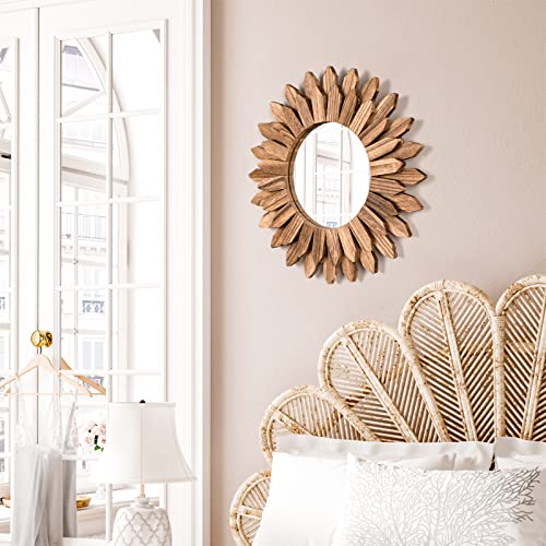Emfogo Wall Mirror 12 inch Rustic Wood Sunburst Boho Mirror Wall Decor Home Decor for Bedroom Living Room Entryway Farmhouse (Carbonized Black) - color: Carbonized Black, size: 12"L x 12"W