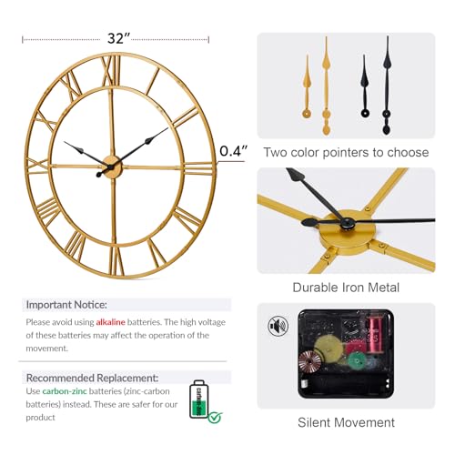 32 Inch Large Silent Wall Clock, Easy Assembly Roman Numeral Gold - color: Gold Metal Wall Clock, size: 32inch