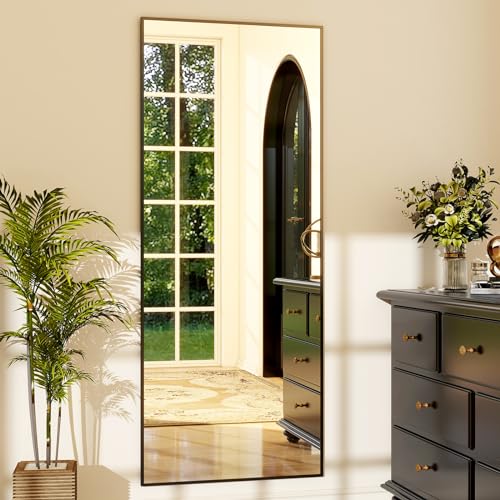 GLSLAND 64"x21" Full Length Mirror, Full Body Mirror with Stand,Black - color: Black, size: 64"L x 21"W