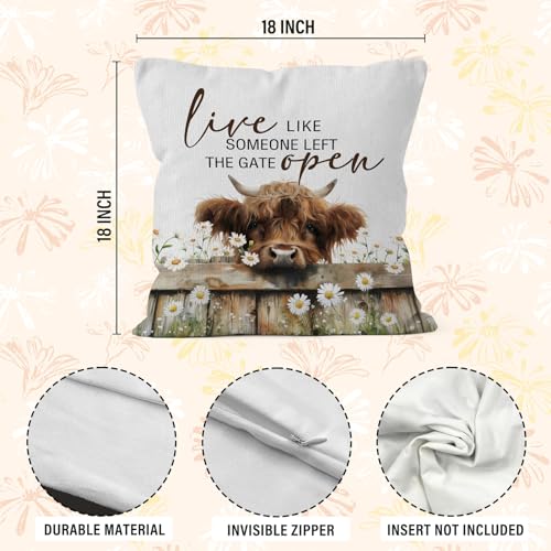 Highland Cow Throw Pillow Covers 18x18,Farmhouse Western Animal Cows Pillow Covers for Home Bedroom Couch, Live Like Someone Left the Gate Open, Highland Cow Gifts - color: 0-highland Cow-4