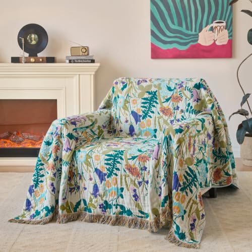 Boho Throw Blanket, 100% Soft Cotton Floral Quilt, Throw 50"x 60" - color: Wildflowers, size: Throw 50"x60"