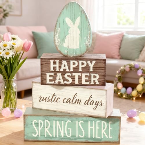 Easter Decorations - Happy Easter Bunny Egg Tiered Tray Decor - Wooden Easter Tabletop Sign - Rustic Farmhouse Spring Home Decor Indoor for Tiered Tray Shelf Mantel Entryway Coffee Table - style: Bunny Egg