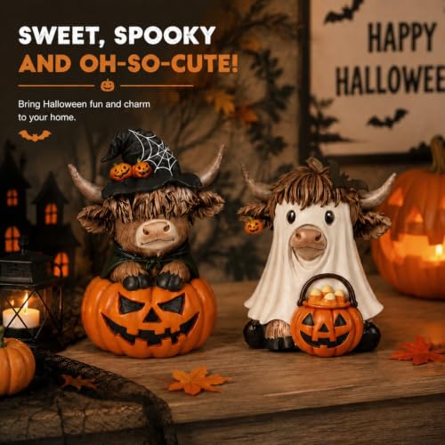 Karenhi 2 Pcs Halloween Highland Cows Figurines Resin, Pumpkin Decor - style: Ghost