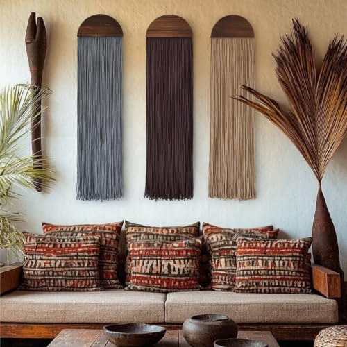 Macrame Wall Hanging Long Fringe Boho Wall Decor Handmade Wood 10" W*40" L - color: Espresso/Charcoal Gray/Caramel