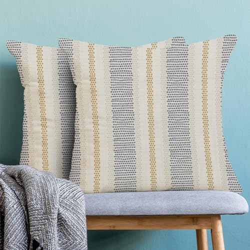 Navy Blue Mustard Yellow Outdoor Pillow Covers 16 x 16 Inch, Beige Polka Dots Striped Decor Throw Pillows for Couch Bed, Boho Modern Farmhouse Decorative Pillowcase Linen Cushion Cover Set of 2 - color: Navy Blue Yellow, size: 16" x 16" (Pack of 2)