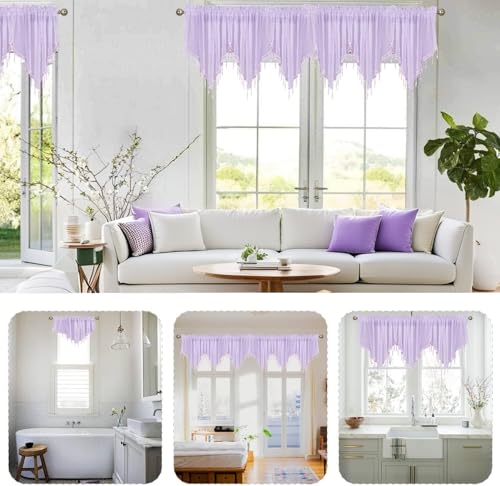 WUBODTI Taro Purple Beaded Sheer Curtain Valances for Kitchen Windows, Triangle Sheer Swag Valance Curtains Boho Bead Tassels Window Valances for Bedroom Bathroom Living Room,3PCs, Each W51 x L24 - color: Taro Purple