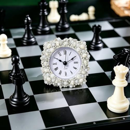 Small Tabletop Clock, Battery Operated Metal Clock with Rhinestone for Bedside, Table, Living Room, Home & Office, Quartz Analog Movement - color: White B