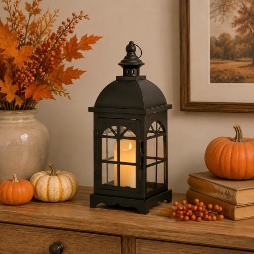 TRIROCKS Decorative Vintage Candle Lanterns 14.5" H Farmhouse Outdoor Hanging Lanterns with Tempered Glass for Porch, Balcony, Patio, Home, Centerpieces, Indoor, Outdoor(Black) - color: 14.5"h Black