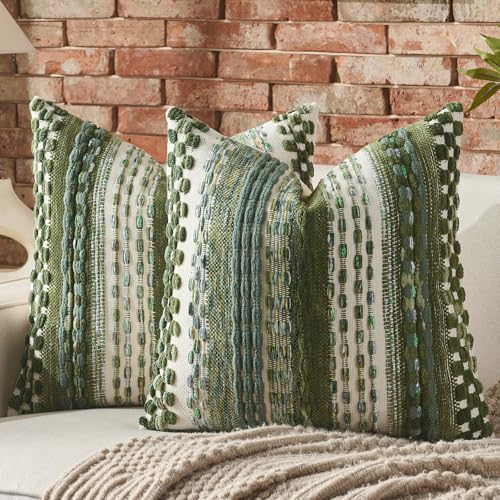 AmHoo Set of 2 Chenille Tufted Striped Textured Boho Throw Pillow Covers Aesthetic Woven Decorative Pillow Case for Couch Bed Sofa Bedroom Modern Funky 18 x 18-Inch Sage Green - color: Sage Green, size: 18" x 18" (Pack of 2)