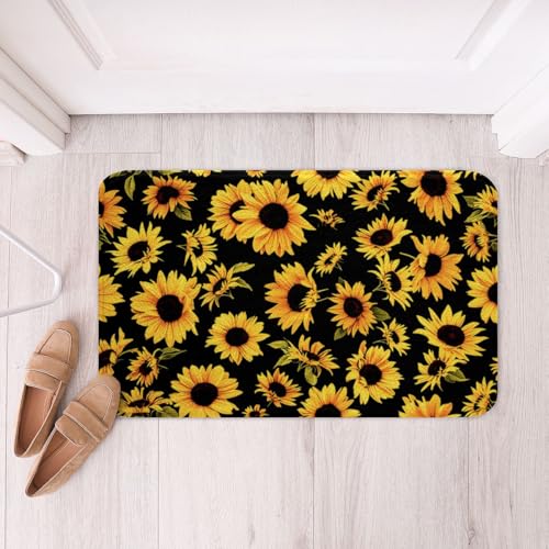 jejeloiu Sunflower Bathroom Rugs Botanical Floral Bath Mats Microfiber Yellow Sunflower Bathroom Accessories Floor Doormats Non-Slip 16"x24" Soft - color: Black Yellow, size: 16"x24"