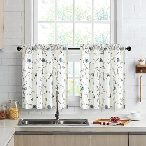 VOGOL Blue Blossom Embroidered Tier Curtains, 30 x 30 Inches, 2 Panels - color: Blue, size: 30"W x 30"L (Pack of 2)