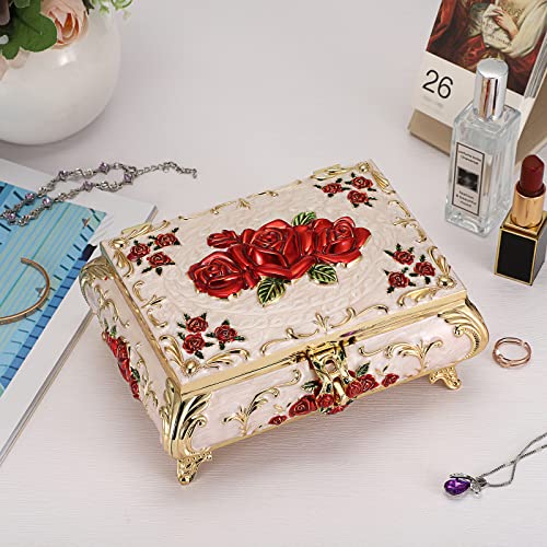Hipiwe Vintage Metal Jewelry Box for Earrings Necklace Bracelet Organizer - color: Beige, size: Large