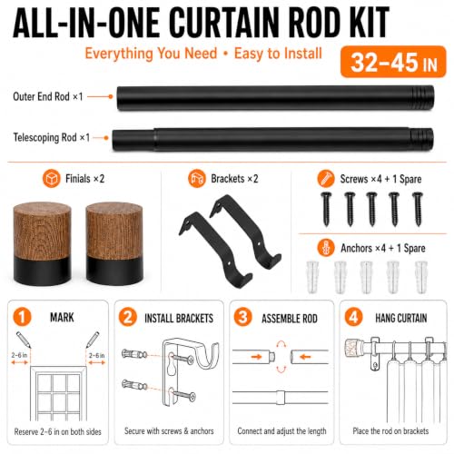 1 Pack Boho Rustic Adjustable Wood Curtain Rod 32-45 Inch, Black - color: Black, size: 32"-45"|1 PACK