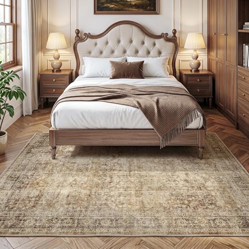 FMFUNCTEX 5x7 Washable Brown Vintage Distressed Area Rug for Living Room - color: Brown, size: 5' x 7' (Rectangular)