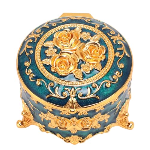 Vintage Round Metal Jewelry Box, Exquisite Hand-Carved Gold Pattern, Trinket for Rings, Earrings, Necklaces-Ideal Retro Keepsake or
