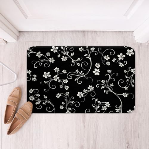jejeloiu Retro Scroll Floral Bathroom Rugs Boho Floral Bath Mats 20"x32" - color: Dark Black and White, size: 20"x32"