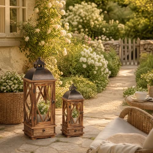 Decorative Wooden Candle Lanterns Set of 2, Rustic Farmhouse Indoor Outdoor