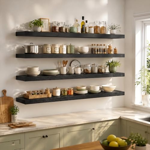 72 Inch Long Floating Shelves for Wall Set of 1, 12"D Wood Grain Shelves - color: Black, size: 72"Wx12"Dx2"H, 1P