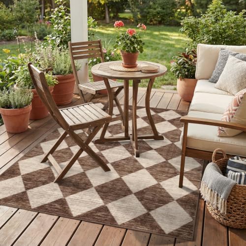 4x6 Covered Outdoor Patio Rug - Brown Beige Checkered Entry Rug - color: Diamond - Brown Beige, size: 4' x 6' (Rectangular)