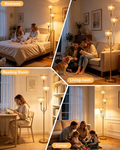 Glass Floor Lamp 66IN 3-Light Modern Amber Glass Gold Dimmable Floor Lamps - color: Amber Flower-Gold