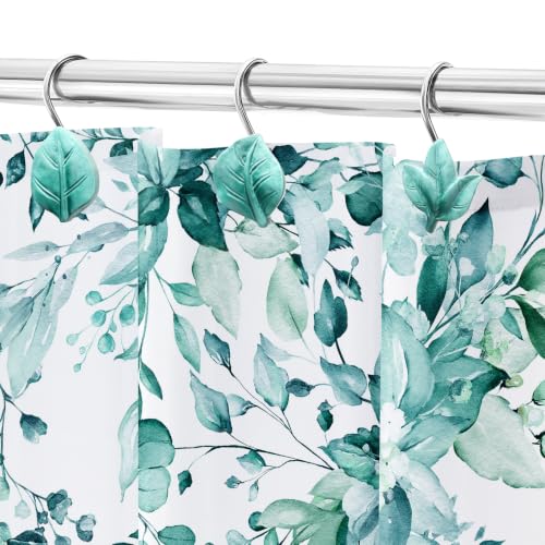 Teal Plant Leaf Shower Curtain Hooks,Eucalyptus Bathroom Decor,12PCS - color: Teal