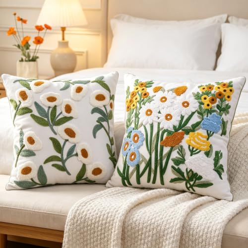 Green Daisy Floral Embroidered Spring Throw Pillow Cover 18"x18" Set of 2 - color: Floral Green