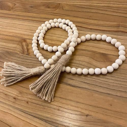 Easter Wood Bead Garland with Jute Tassel, Spring Decor Farmhouse Wooden Beads Rustic Prayer Beads for Tiered Tray Shelf Mantle Home Decor (White) - color: White